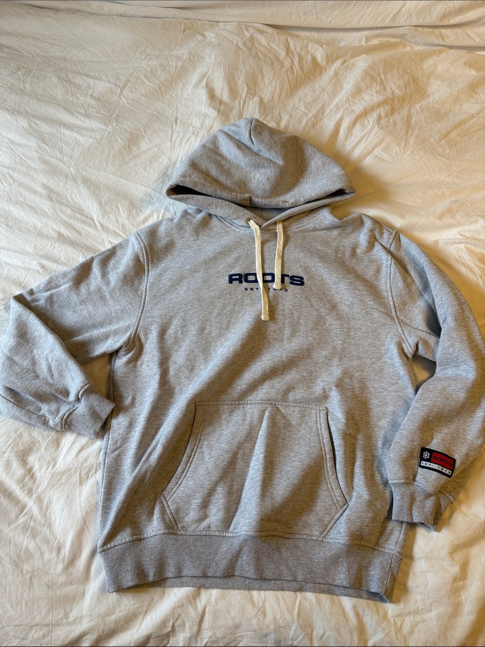 Roots Light Gray Crewneck Hoodie with Navy Logo